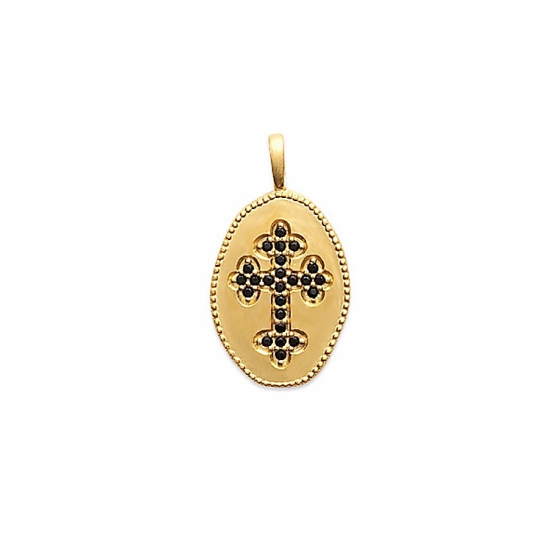 Pendentif médaille croix orthodoxe plaqué or zirconium noir