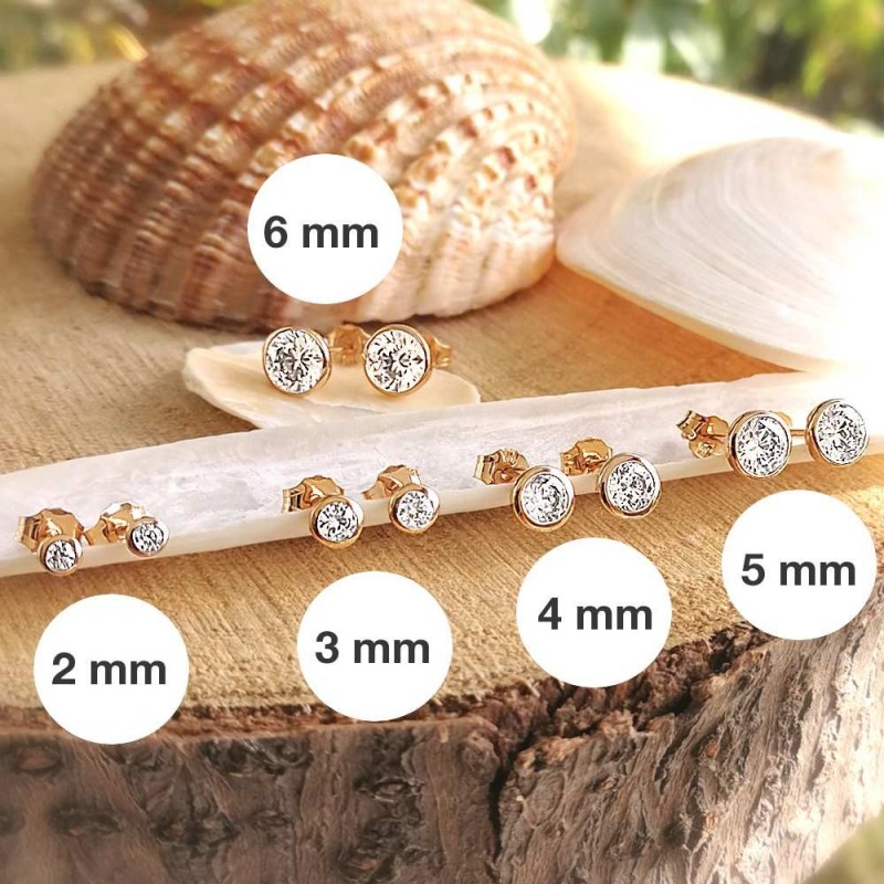 Boucles d'oreilles puces plaqué or zirconium serti clos - 2mm, 3mm, 4mm, 5mm, 6mm