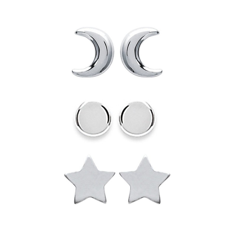 Boucles d'oreilles puces étoile, lune, demi-lune en argent