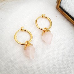 Boucles d'oreilles créoles avec pendentif pierre quartz rose