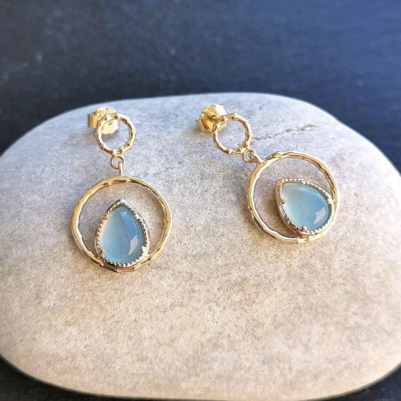 Boucles d'oreilles pendantes plaqué or pierre naturelle Agate bleue
