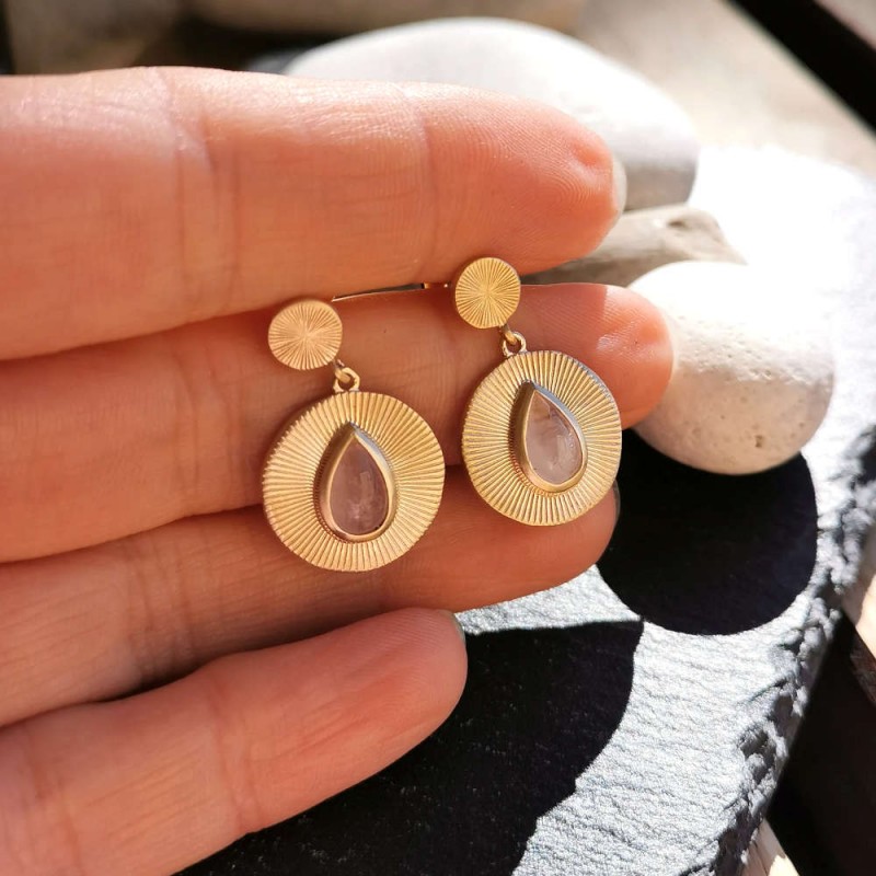 Boucles d'oreilles pendantes quartz rose plaqué or
