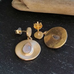 Boucles d'oreilles pendantes quartz rose véritable plaqué or